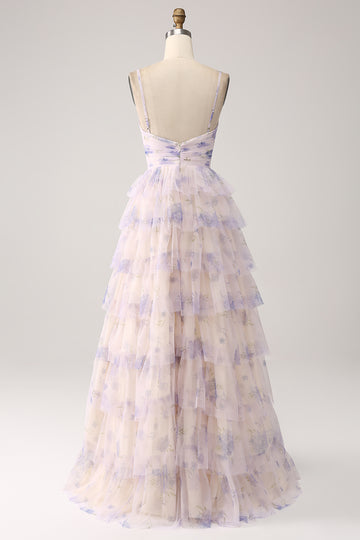 Lavender Flower Tiered Princess Long Prom Dress